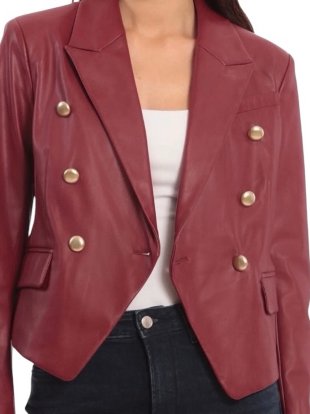 Women's Double-Breasted Red Burgundy Faux Leather Balmain Blazer size XS-S
